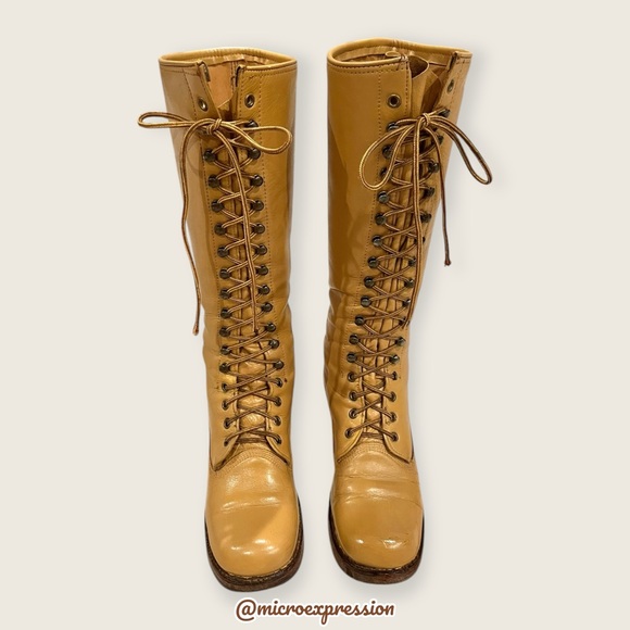 1960 VINTAGE Frye Campus Lug Lace Up Yellow Tan Banana Vintage Leather Tall Boot - Picture 7 of 15